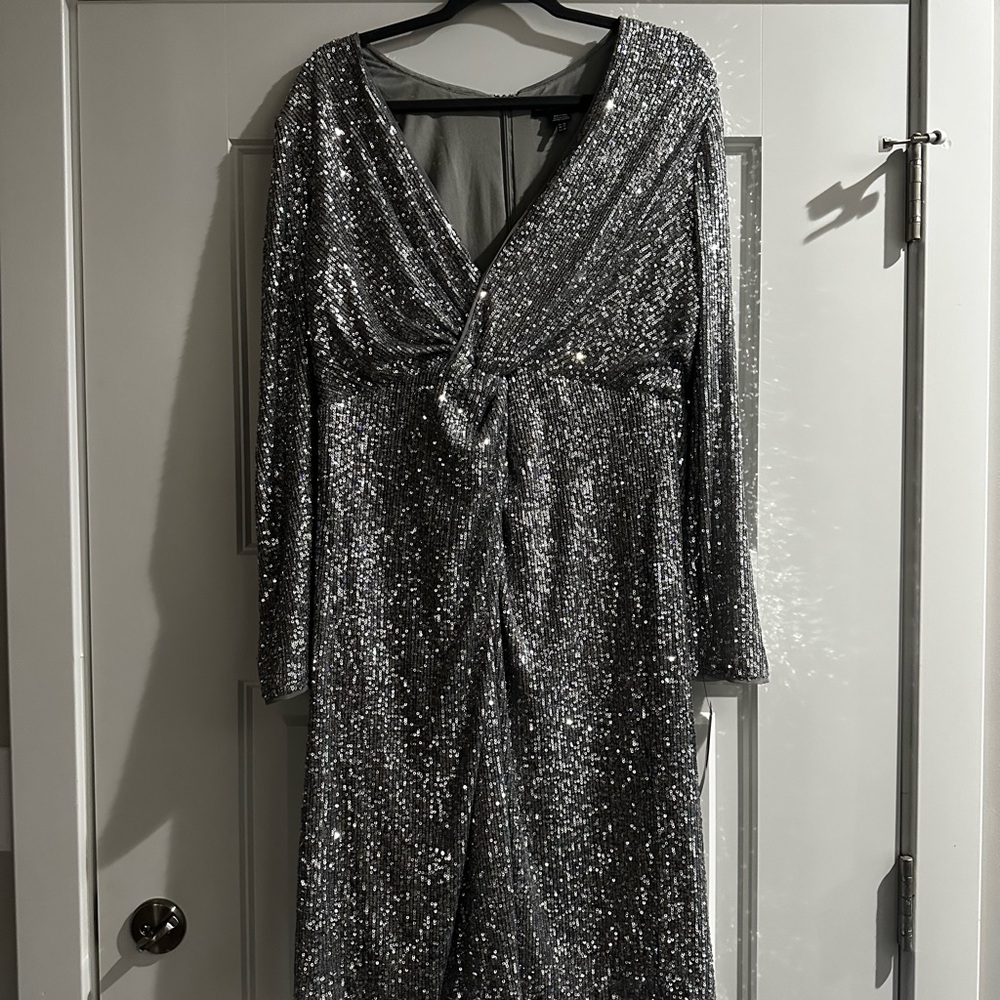 Maggy London Silver Sequin Ruched Gown